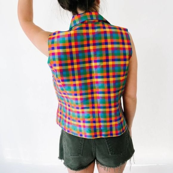 Vintage Colorful Plaid 100% Silk Tank - Picture 3 of 8
